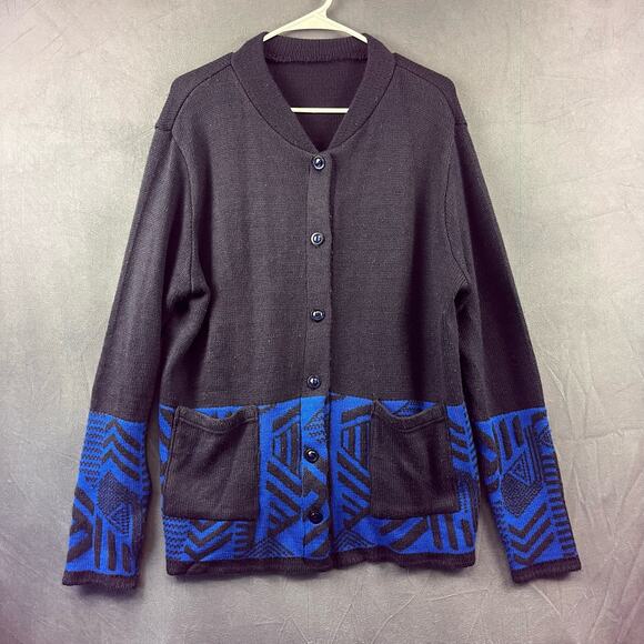 Fair Isle Cardigan Vintage Womens XL Black Blue Skater Grandpacore Pocket Button - Picture 1 of 7